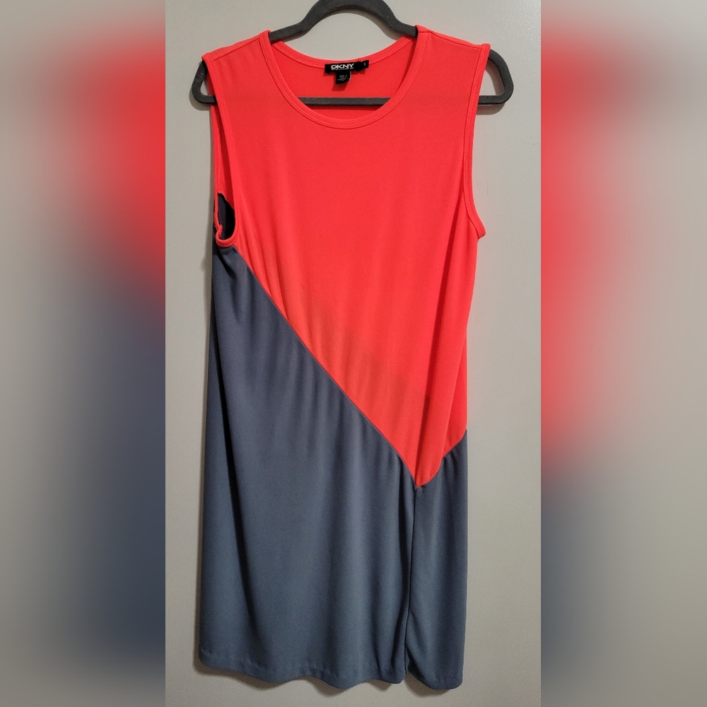 DKNY Neon Orange / Gray Stretchy Colorblock Dress - Size Small